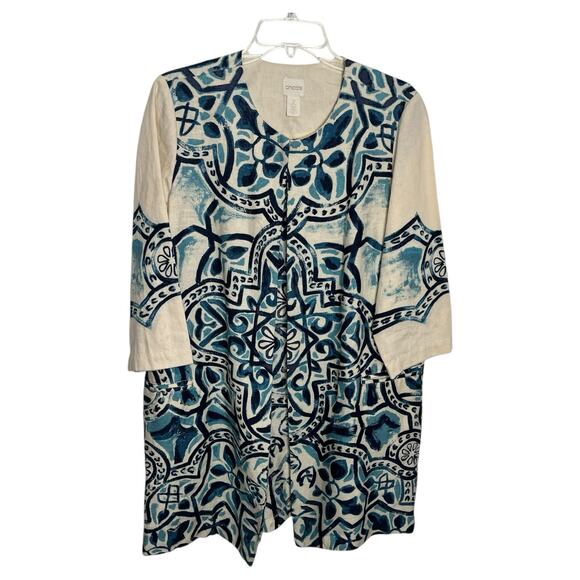 Chicos Cardigan Women's 2 Large Petite Long Artisan Boho Linen Blue Ivory - Picture 1 of 11